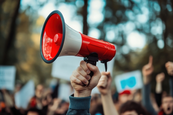 Megaphon im Großformat, im hintergrund (unscharf) eine Demonstration